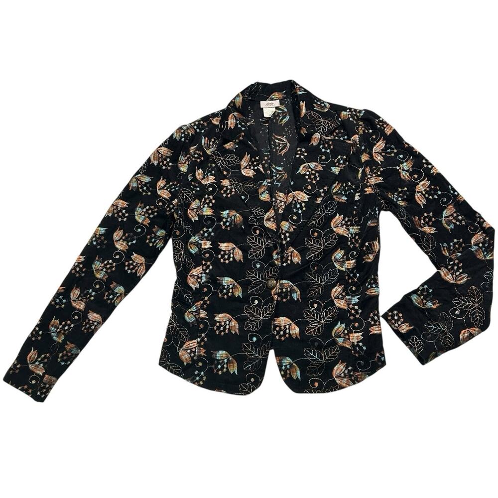 VTG Ixia Sz L Black Embroidered Floral Botanical Jacket Blazer Boho Festival
